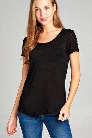 Ladies fashion short sleeve scoop neck w/pocket rayon slub top