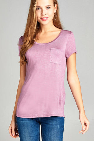 Ladies fashion short sleeve scoop neck w/pocket rayon slub top