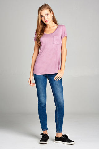 Ladies fashion short sleeve scoop neck w/pocket rayon slub top