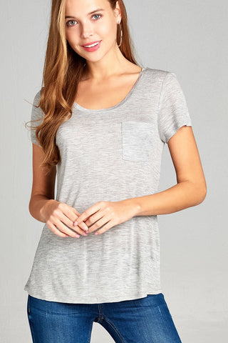 Ladies fashion short sleeve scoop neck w/pocket rayon slub top