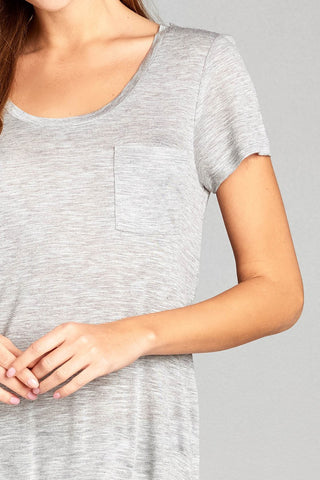 Ladies fashion short sleeve scoop neck w/pocket rayon slub top