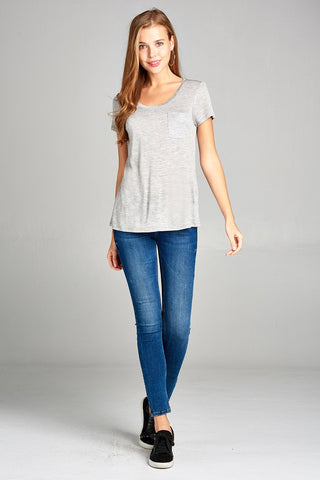 Ladies fashion short sleeve scoop neck w/pocket rayon slub top