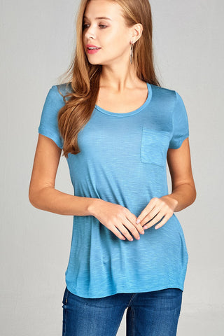 Ladies fashion short sleeve scoop neck w/pocket rayon slub top