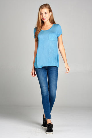 Ladies fashion short sleeve scoop neck w/pocket rayon slub top