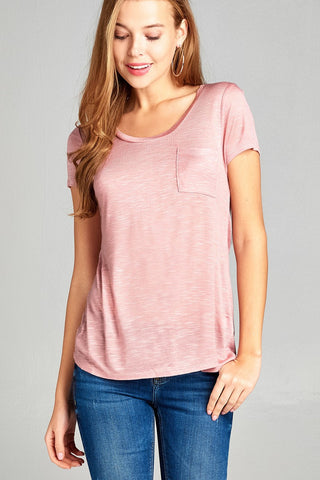 Ladies fashion short sleeve scoop neck w/pocket rayon slub top