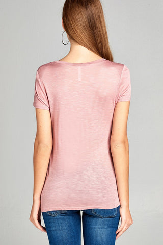 Ladies fashion short sleeve scoop neck w/pocket rayon slub top
