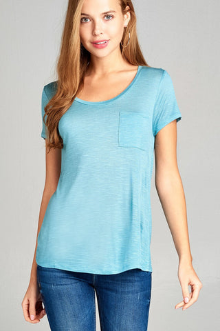 Ladies fashion short sleeve scoop neck w/pocket rayon slub top