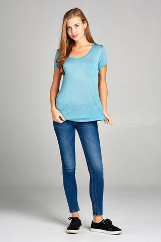 Ladies fashion short sleeve scoop neck w/pocket rayon slub top