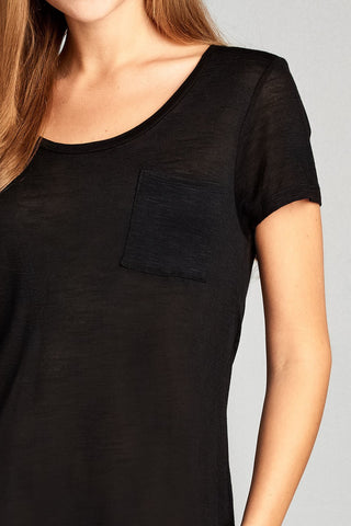 Ladies fashion short sleeve scoop neck w/pocket rayon slub top