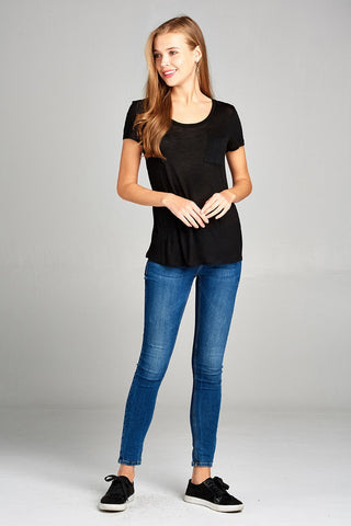 Ladies fashion short sleeve scoop neck w/pocket rayon slub top