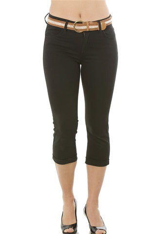 Ladies fashion 4 pocket cuffed belted twill capri