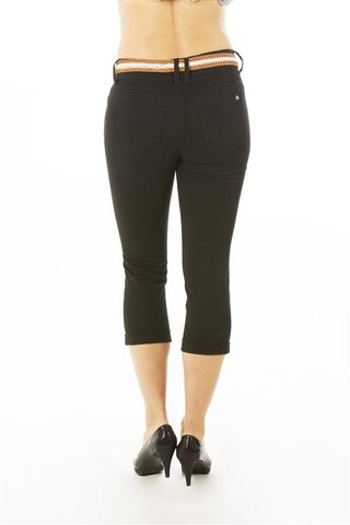 Ladies fashion 4 pocket cuffed belted twill capri