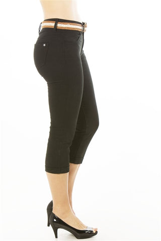 Ladies fashion 4 pocket cuffed belted twill capri