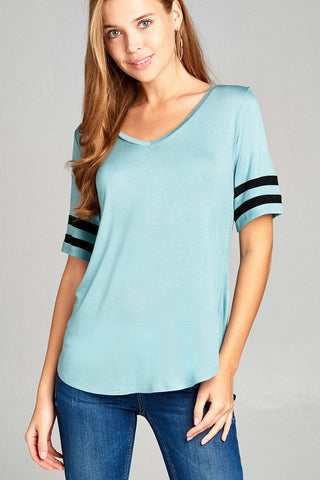Ladies fashion short double stripe sleeve v-neck rayon spandex top