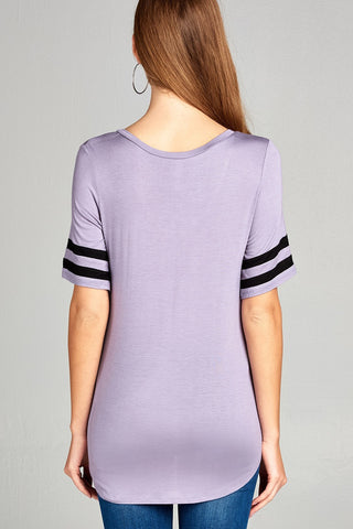Ladies fashion short double stripe sleeve v-neck rayon spandex top