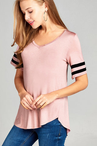 Ladies fashion short double stripe sleeve v-neck rayon spandex top
