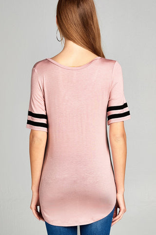 Ladies fashion short double stripe sleeve v-neck rayon spandex top