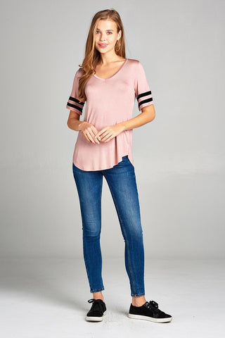 Ladies fashion short double stripe sleeve v-neck rayon spandex top