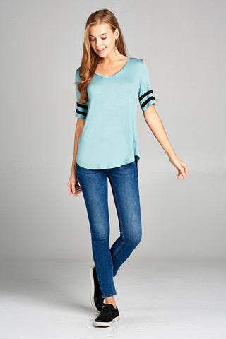 Ladies fashion short double stripe sleeve v-neck rayon spandex top