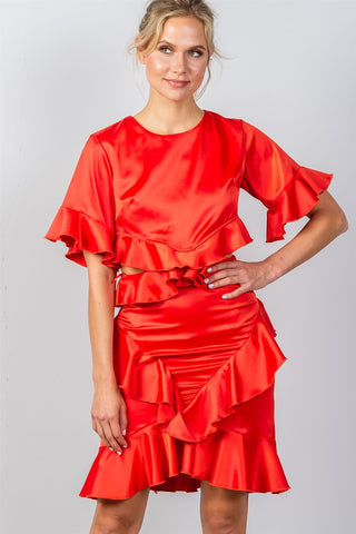 Ladies fashion bow tie back cut-out ruffle midi dress - merchandiserus2