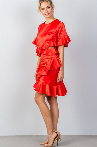 Ladies fashion bow tie back cut-out ruffle midi dress - merchandiserus2