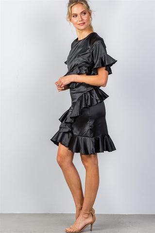 Ladies fashion bow tie back cut-out ruffle midi dress - merchandiserus2