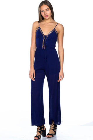 Ladies fashion lattice plunge cage jumpsuit