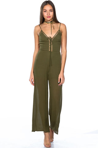 Ladies fashion lattice plunge cage jumpsuit