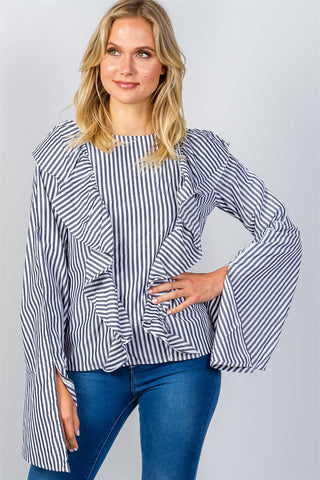 Ladies fashion ruffle front striped slit sleeve shirt