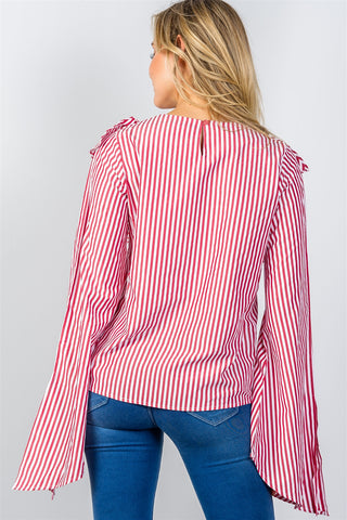 Ladies fashion ruffle front striped slit sleeve shirt