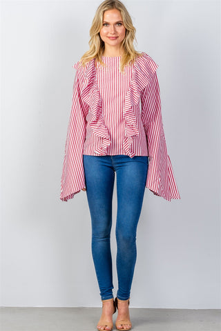 Ladies fashion ruffle front striped slit sleeve shirt