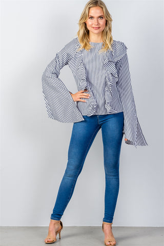 Ladies fashion ruffle front striped slit sleeve shirt