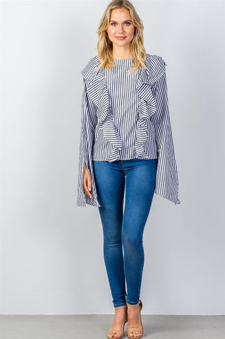 Ladies fashion ruffle front striped slit sleeve shirt