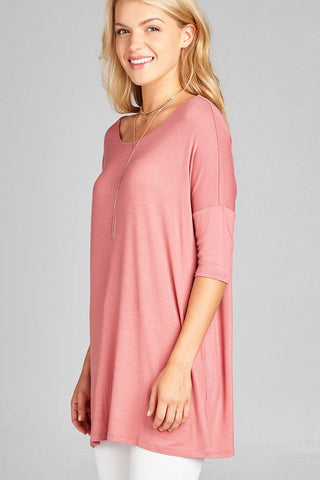 Ladies fashion band elbow sleeve round neck rayon spandex jersey tunic top