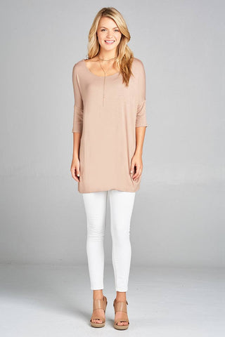 Ladies fashion band elbow sleeve round neck rayon spandex jersey tunic top