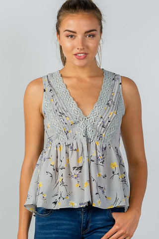 Ladies fashion floral print crochet babydoll v-neck tank top