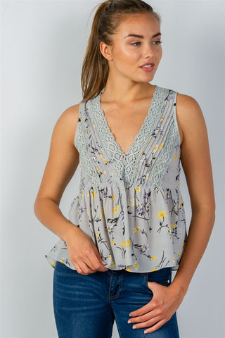 Ladies fashion floral print crochet babydoll v-neck tank top