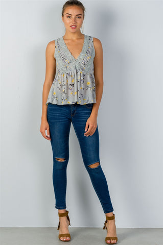 Ladies fashion floral print crochet babydoll v-neck tank top