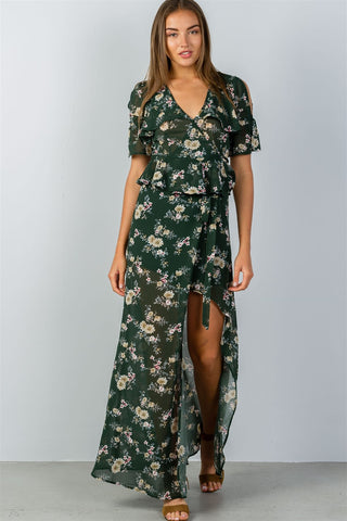 Ladies fashion green & floral print wrap ruffle tie front blouse