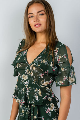 Ladies fashion green & floral print wrap ruffle tie front blouse