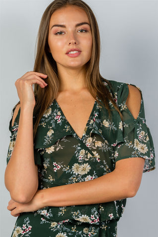 Ladies fashion green & floral print wrap ruffle tie front blouse