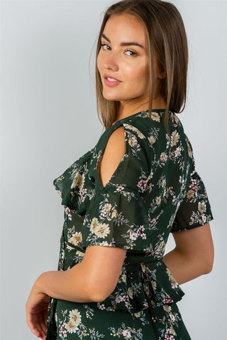 Ladies fashion green & floral print wrap ruffle tie front blouse
