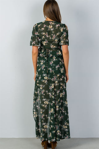 Ladies fashion green & floral print wrap ruffle tie front blouse