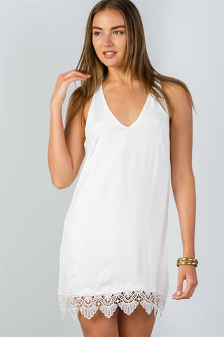 Ladies fashion low back crochet hem loose mini dress - merchandiserus2