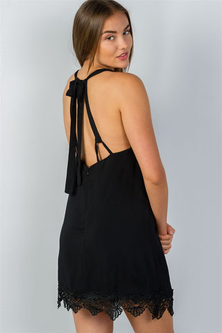 Ladies fashion low back crochet hem loose mini dress - merchandiserus2