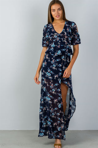 Ladies fashion navy & floral print wrap maxi skirt