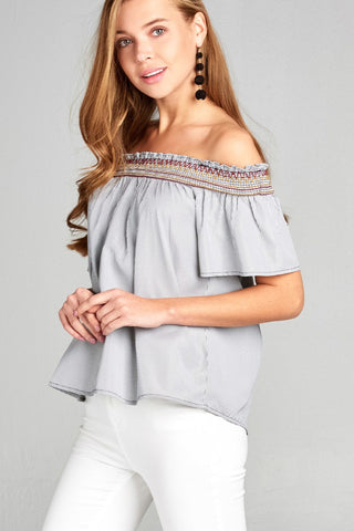 Ladies fashion short sleeve off the shoulder w/special smocked stripe woven top