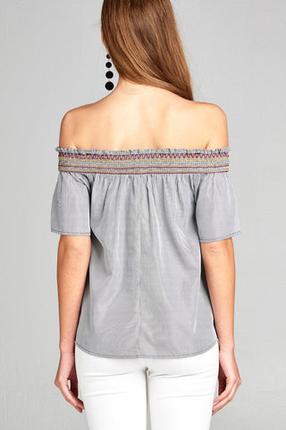 Ladies fashion short sleeve off the shoulder w/special smocked stripe woven top