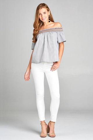 Ladies fashion short sleeve off the shoulder w/special smocked stripe woven top