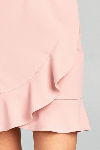 Ladies fashion banded waist wrap look w/ruffle mini skirt